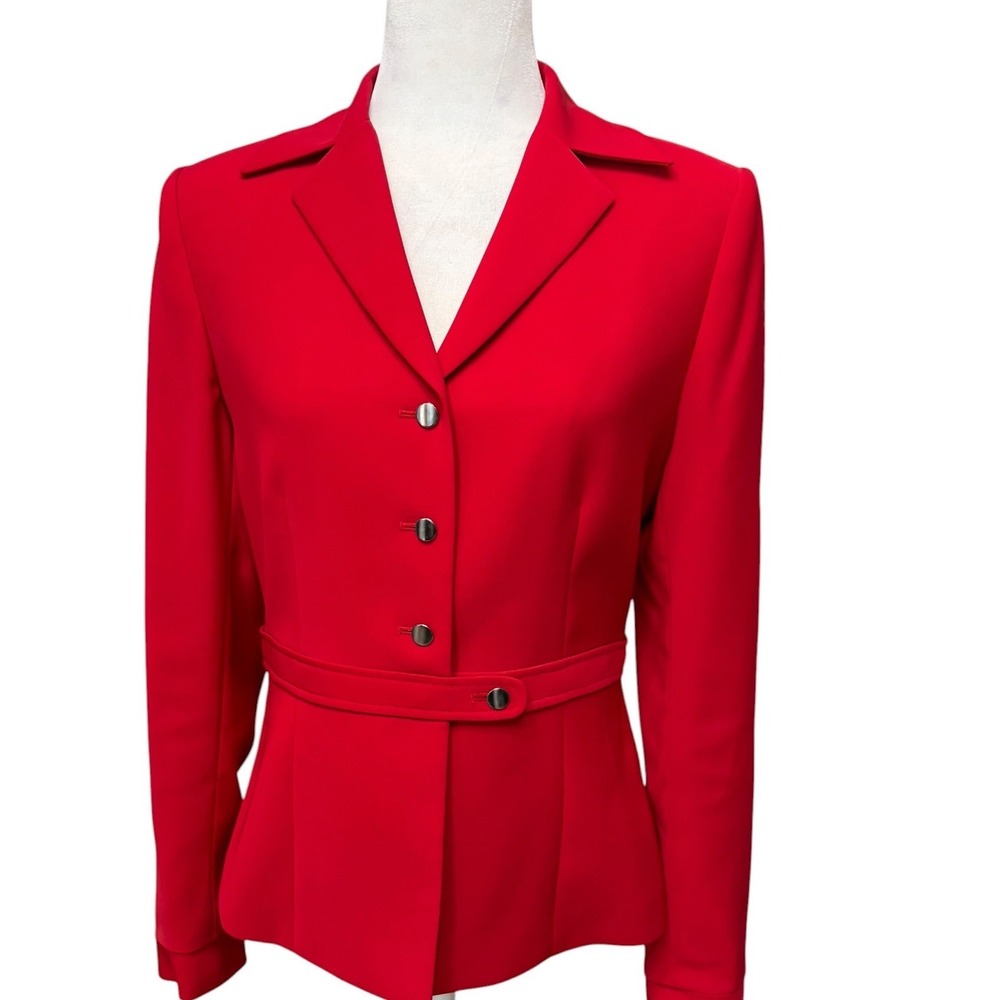Tahari Red Blazer Structured Button Front with Belt Detail Women's Size 6